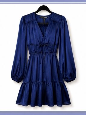 Maje Silk Mini V-Neck Long Sleeve Dress in Royal Blue Size 38